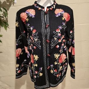 Vintage Indigo Moon Blazer Jacket Crochet Floral Beaded Buttons Colorful Size S.